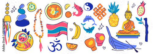 Thailand culture and religion symbols set isolated on white. Vector illustration of meditating Buddha statue, local fruit and seafood dishes, national flag, tourist boat, Bangkok vacation travel icons