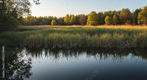 Vast natural marshland scene under a clear sky, featuring still water reflecting tall reeds and diverse wetland vegetation, showcasing a pristine ecosystem ,fresh ,horizon ,clear