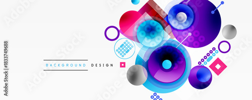 Abstract colorful design features circles, squares, dots. Modern composition with vibrant hues, gradients, dynamic shapes.
