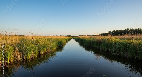 Vast natural marshland scene under a clear sky, featuring still water reflecting tall reeds and diverse wetland vegetation, showcasing a pristine ecosystem ,growth ,green ,wilderness