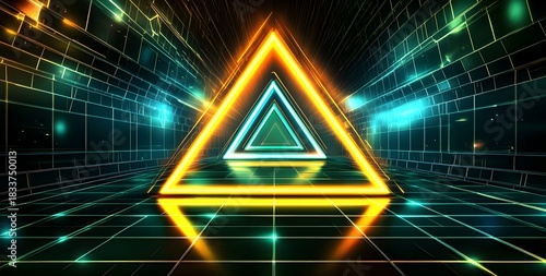 Fototapeta Naklejka Na Ścianę i Meble -  Vibrant neon geometric triangle portal glowing with electric energy in a futuristic digital cyberspace tunnel with grid floor reflections