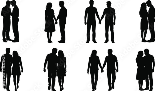 Silhouettes of couples holding hands and embracing on white background Keywords: couple, silhouette, love, romance, holding hands