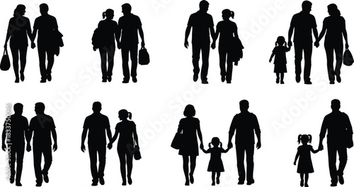 Silhouettes of couples and families walking together against a white background family parents