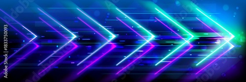 Neon arrow boost speed lines on digital abstract background with glowing tech light effects. Forward motion concept in vibrant blue, green and purple colors for futuristic technology design.