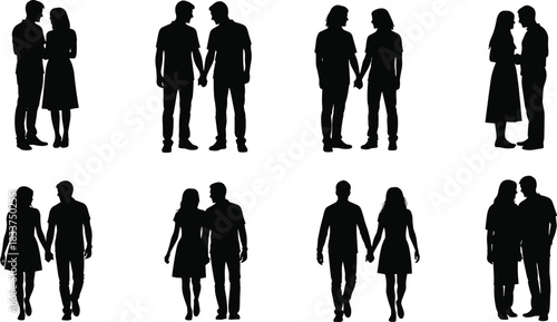 Silhouettes of couples holding hands and embracing on white background Keywords: couple, silhouette, love, romance, holding hands