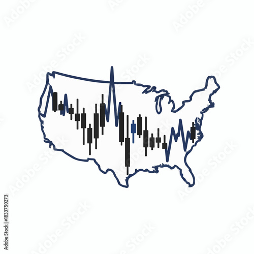 US Stock Market Analysis: An illustrative depiction of the United States, overlaid with a dynamic stock market graph