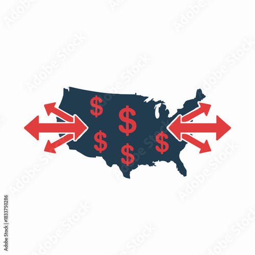 Economic Arrows Over The USA: An illustration depicting the economic state of the USA, showcasing arrows representing flows with dollar signs, symbolizing financial dynamics and economic activity.
