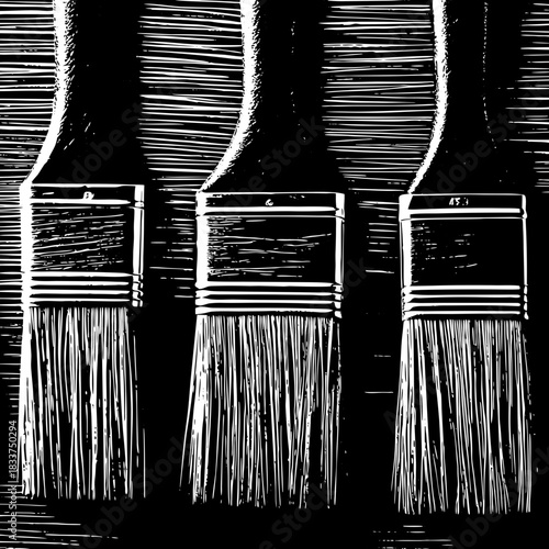 Three paint brushes in a stylized black and white illustration