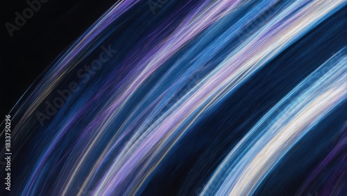 Abstract swirling lines of vibrant blue, purple, and white light streaks on a dark background