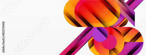 Abstract shapes overlap, creating vibrant color gradients. Composition features circles, lines, magenta, orange hues. Modern design element.