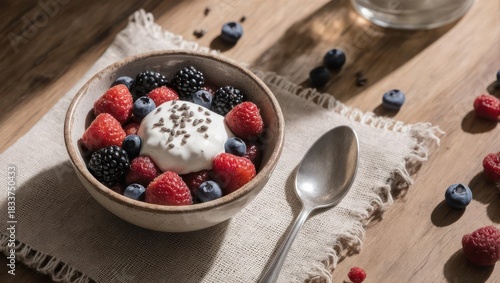 A bowl of fresh berries and yogurt, topped with seeds, on a light-brown wooden table