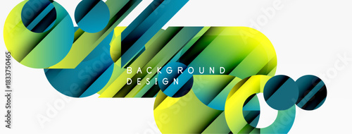Abstract geometric shapes overlap. Vibrant green, blue hues create dynamic composition. Modern design element for backgrounds, presentations.