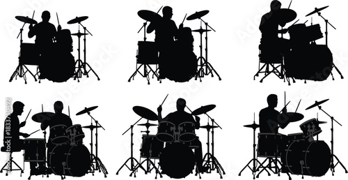 Silhouettes of Drummers Playing Drum Kits in Different Positions drums musician