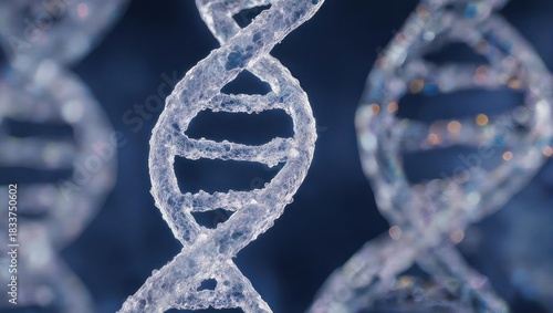 Close-up of a DNA double helix, appearing icy and translucent, against a dark background.  Delicate,  glowing particles surround it