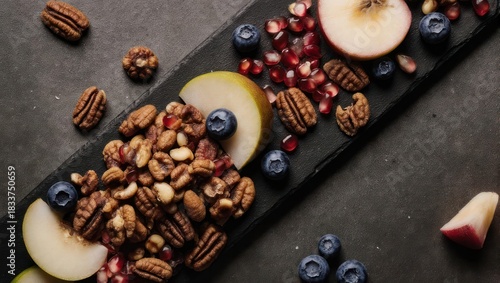 Dark slate platter filled with nuts, fruits, and berries