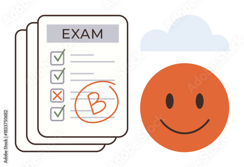 Exam result sheet with tick marks, cross mark, and a B grade, adjacent to a cheerful face and cloud. Ideal for education, evaluation, success, performance motivation feedback study themes. Simple