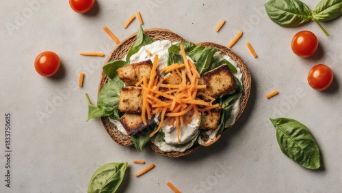 Healthy sandwich with tofu, spinach, and carrots