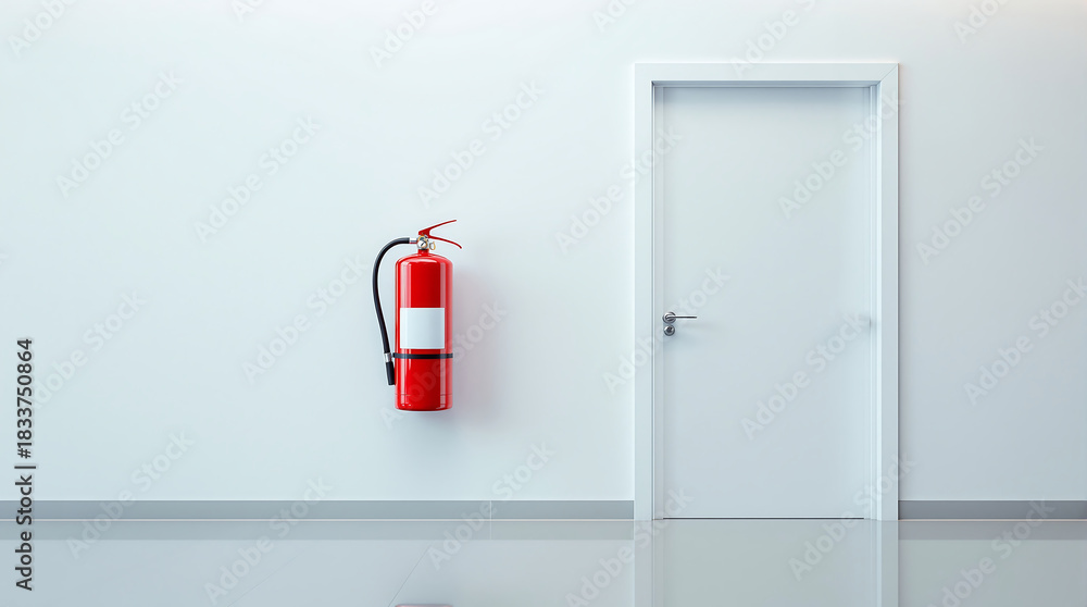 Obraz premium Fire extinguisher safety equipment red extinguisher white wall door emergency fire protection building interior