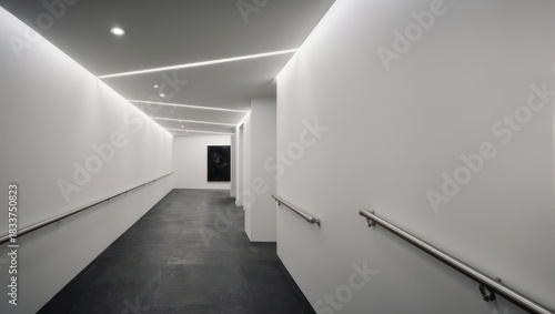 Empty white hallway with dark floor, sleek design