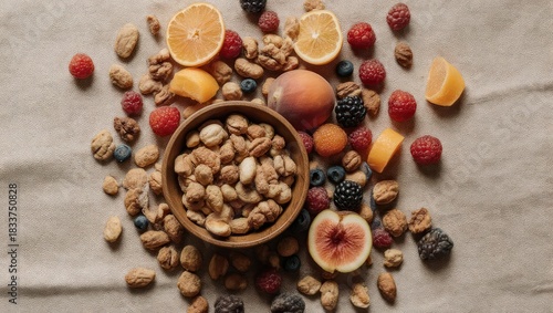 Assorted nuts and fruits arranged in a wooden bowl on a light beige surface