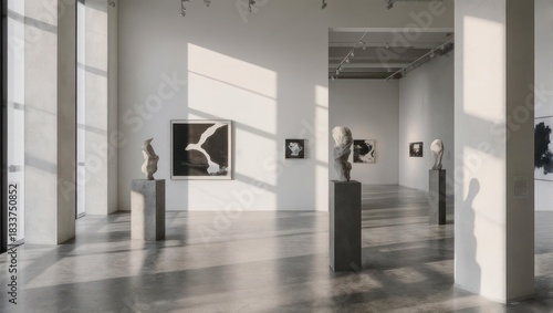 Modern art gallery interior with minimalist aesthetic. Sunlight streams into a spacious gallery showcasing grayscale sculptures and paintings