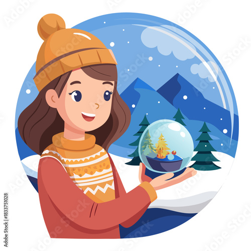 Cozy Winter Illustration: Happy Young Woman in Knitted Sweater and Beanie Holding a Festive Snow Globe with Snowy Mountain Landscape and Christmas Trees in Flat Vector Style