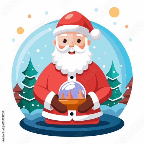 Cute Santa Claus Holding a Magical Snow Globe with Winter Pine Trees Inside, Christmas Holiday Vector Illustration for Greeting Cards and Websites.