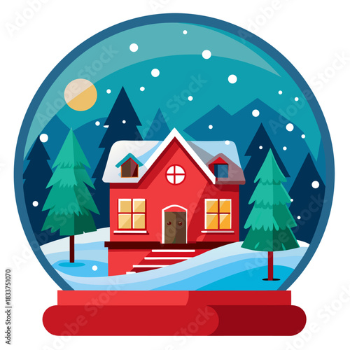 Magical Christmas Snow Globe Vector Art: Cute Red Cabin in Snowy Forest Landscape under Blue Night Sky, Perfect for Holiday Season Design and Greeting Cards.