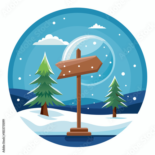 Snowy Winter Direction Signpost Vector Illustration: Flat Design Icon of a Wooden Arrow Sign in a Cold Forest Landscape with Falling Snow and Evergreen Trees.