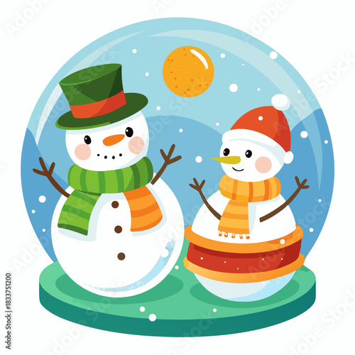 Cheerful Snowman Duo in a Magical Snow Globe: Perfect Cute Vector Graphic for Festive Christmas Cards, Winter Banners, and Holiday Decorations