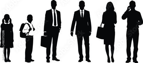 Silhouettes Of People From Childhood To Adulthood On White Background Keywords: silhouette, people, child, boy, girl, student