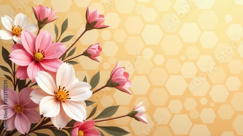 Delicate pink and white blossoms arranged artfully against a soft, honeycomb patterned backdrop