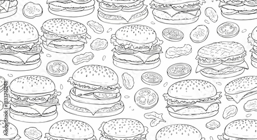 Hand drawn burger pattern doodle style.