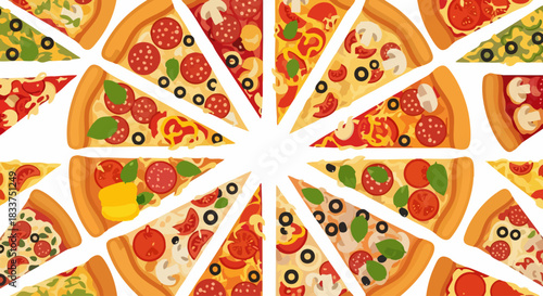 Assortment of pizza slices with various toppings.