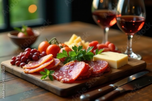 An Appetizing Arrangement of Cured Meats, Cheeses, and Fresh Produce on a Rustic Wooden Board, Accompanied by Two Glasses of Red Wine, Creating a Scene of Relaxed Indulgence