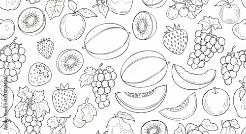 Line art drawing of assorted fruits.
