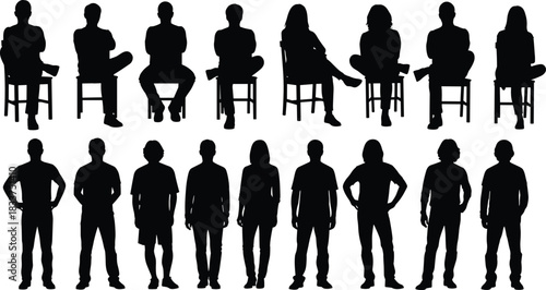 Silhouettes of Sitting and Standing People on White Background illustration untitled