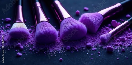 Close-up view of several purple makeup brushes resting on a pile of loose purple powder.
