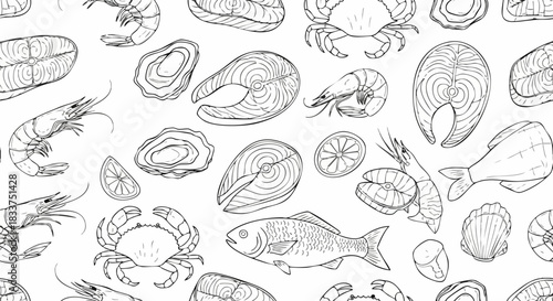 Seamless pattern of hand drawn seafood sketch illustrations.