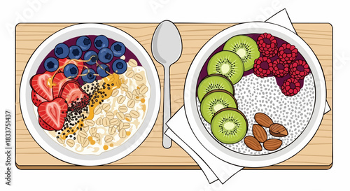 Healthy breakfast bowls with fresh fruits and seeds.