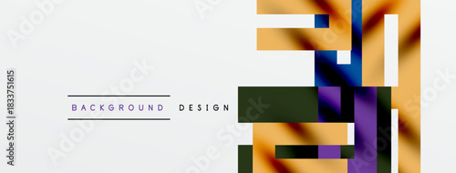 Abstract geometric design. Overlapping colorful squares, rectangles create dynamic composition. Minimalist text labels background, design.