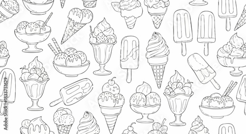 Ice Cream Assortment Seamless Pattern - Delicious Dessert Collection in Black and White.