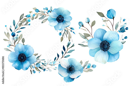 Watercolor floral arrangement of blue anemone blooms and foliage against a black backdrop