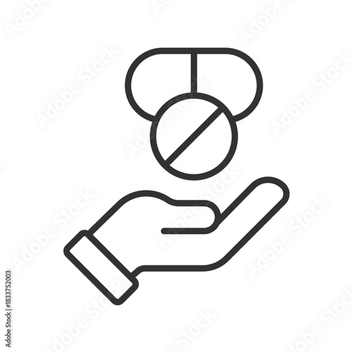 Medicine access, icon in line design. medicine, pills, access, public health, treatment, hand, care on white background vector. Medicine access editable stroke icon
