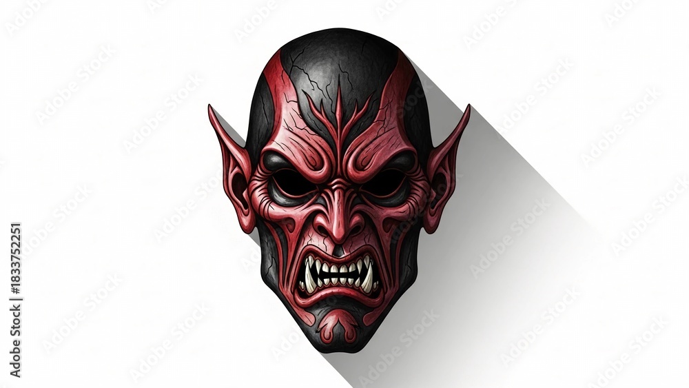 Naklejka premium Dark Fantasy Demon Mask Illustration with Red Tribal Details, Fierce Expression, and Dramatic Long Shadow on White Background
