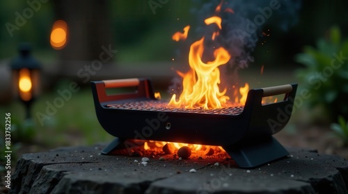 Evening ambiance of a burning charcoal grill with wooden handles, set on a rustic stone surface in a tranquil outdoor setting