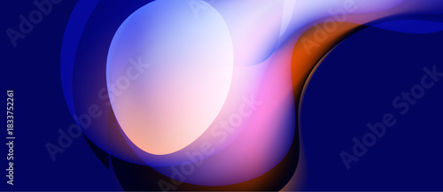 Abstract fluid shapes blend, creating vibrant color gradients. Blue dominates with orange, pink highlights. Smooth curves suggest movement, depth.