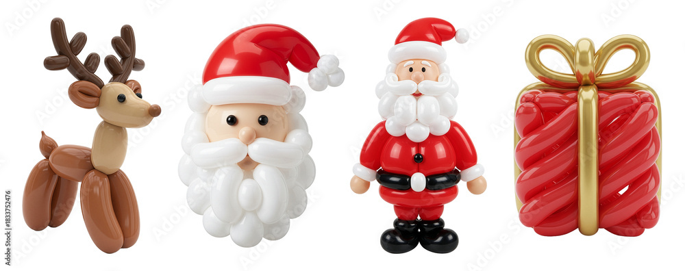 Fototapeta premium Christmas Balloon Sculptures – Cute Reindeer, Santa Claus, and Gift Box on Transparent Background