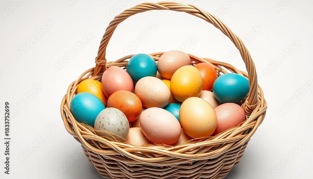 Naklejka premium A woven basket overflowing with vibrantly colored eggs sits on a pristine white background, colorful, painted eggs