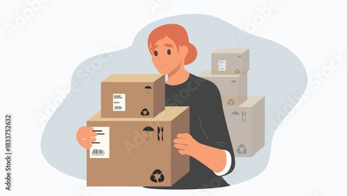 vector illustration in flat style. woman with stacks of boxes